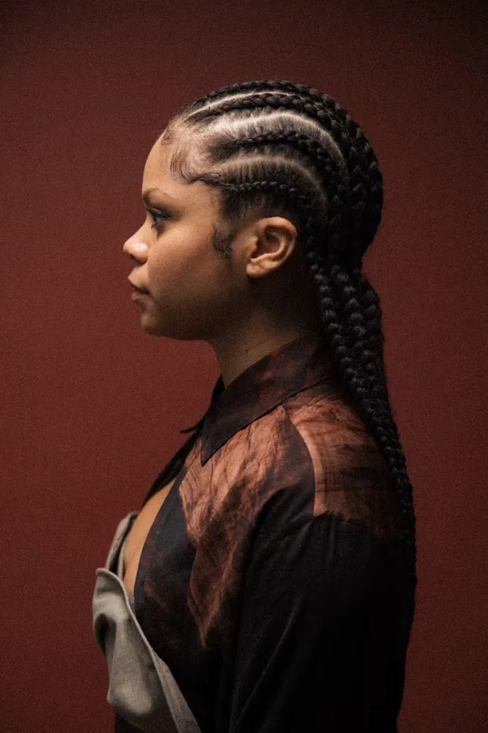 Side profile of a Black woman with a braided ponytail hairstyle featuring three-strand braids styled down the back, showcasing protective styling for textured hair