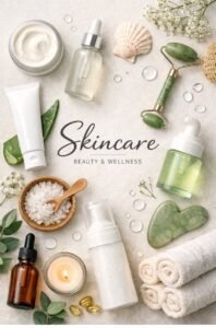 Skincare products and tools for treating perimenopause acne including cleansers, serums, jade roller, and sea salt