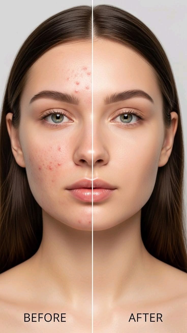 Before and after oily skin face care routine: left shows acne-prone, oily breakouts; right shows clear, balanced skin after 4 weeks